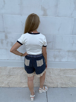 Patchwork Denim and Lace Shorts