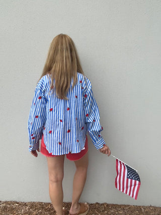 Strawberry Fruit Embroidery Button Down