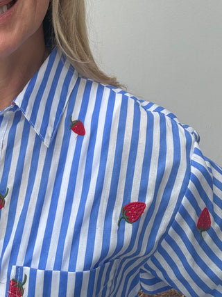 Strawberry Fruit Embroidery Button Down