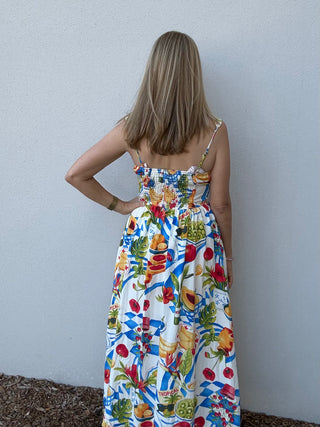 Tropical Picnic Motif Corset Midi Dress