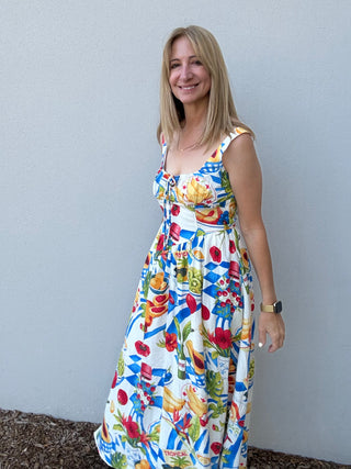 Tropical Picnic Motif Corset Midi Dress