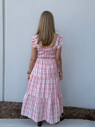 Red Plaid Smocked Tiered Midi Dress