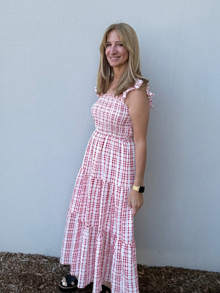 Red Plaid Smocked Tiered Midi Dress