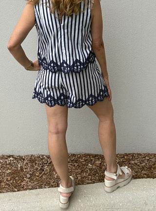 Striped Shorts with Embroidery Hem