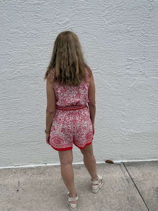 Red and White Linen Romper