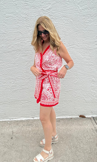 Red and White Linen Romper