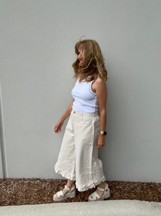 Ivory Mid Rise Ruffled Hem Bloomer Jeans