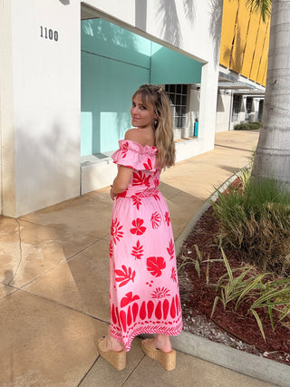 Button Front Red and Pink Midi Skirt