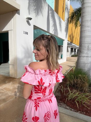 Ruffle Strapless Pink and Red Top
