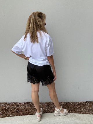 Satin Lace Trim Shorts - Black