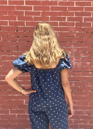 Puff Sleeve Denim Polka Dot Top