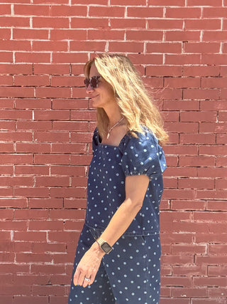 Puff Sleeve Denim Polka Dot Top