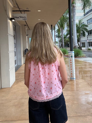 Lace-Trimmed Button-Front Tank - Pink Floral
