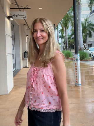Lace-Trimmed Button-Front Tank - Pink Floral
