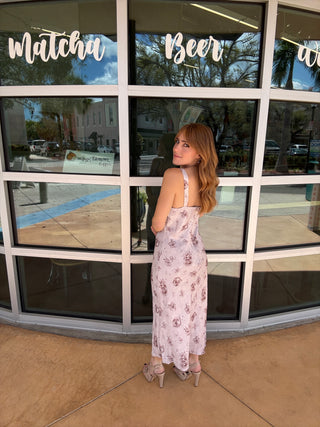 Lilac Rose Print Satin Slip Midi Dress