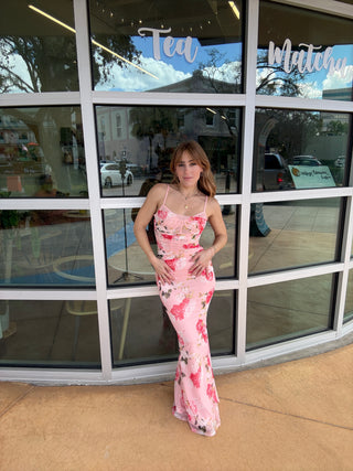 Floral Mesh Corset Maxi Dress