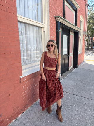 Red Plaid Midi Skirt
