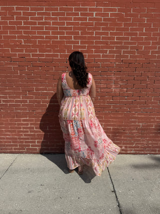 Floral Mixed Print Sleeveless Tiered Maxi Dress
