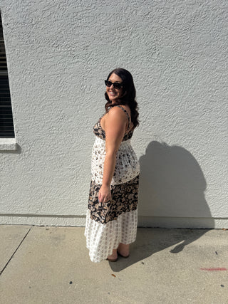 Multi Pattern Spaghetti Strap Midi Dress Neutral Colorway