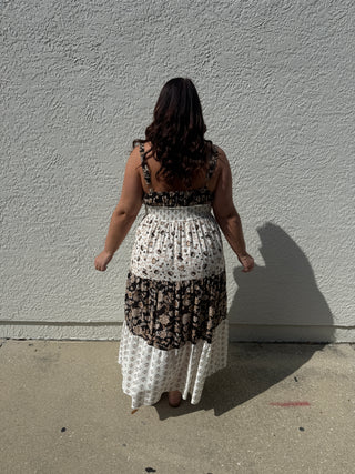 Multi Pattern Spaghetti Strap Midi Dress Neutral Colorway