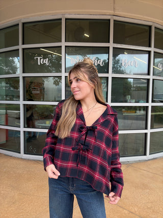 Plaid Collared Long Sleeve Front Tie Shirt