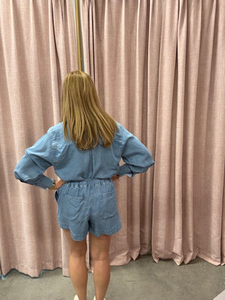 Blue Chambray Drawstring Shorts