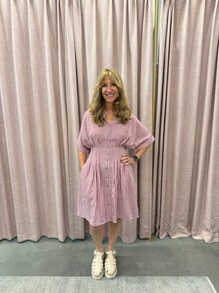 Red Wide Pintuck Gingham woven Short Dress