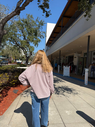 Quarter-Button Striped Collared Long Sleeve Top