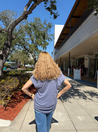 Back Raw Edge V-Neck Linen Tee –  SLATE BLUE