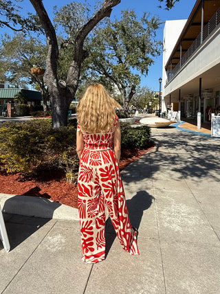 Red Geo Floral  Printed Knit Jumpsuit