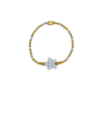 A delicate beaded bracelet with small gold and blue beads, featuring a central light blue star-shaped bead and a gold clasp.