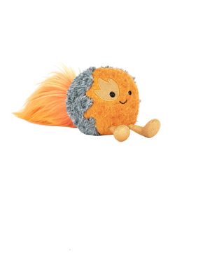 Plush toy resembling a space comet with orange body, gray head, and yellow accents on a white background.