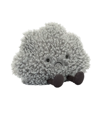 A gray plush storm cloud toy with a sad face and small dark feet, shown on a white background with the text 'Amuseables Storm Cloud' below.