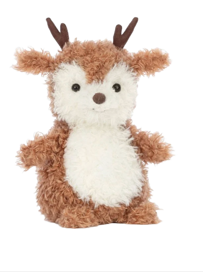 Jellycat Little Reindeer  Wonderfully ruffled in toffee and cream, it's Little Reindeer! This sweet pal sits up so proudly, with tufty ears and suedette cocoa antlers. With a beany bottom, button nose and the cutest scruffy hooves, Little Reindeer is a forest treasure.  Brand: Jellycat Material: Polyester 
