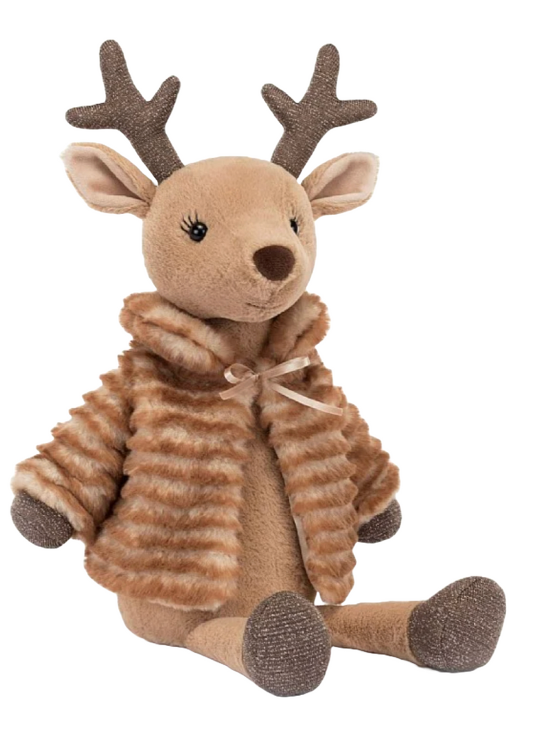 Jellycat Sofia Reindeer  Announcing the divine Sofia Reindeer! This glam deer is the epitome of Christmas chic. Sofia wears a fluffy coat in creme-caramel stripes, with a ribbon tie and champagne lining. It goes perfectly with her dark-chocolate nose, embroidered lashes and glittering hooves and antlers.  Brand: Jellycat Material: Polyester 