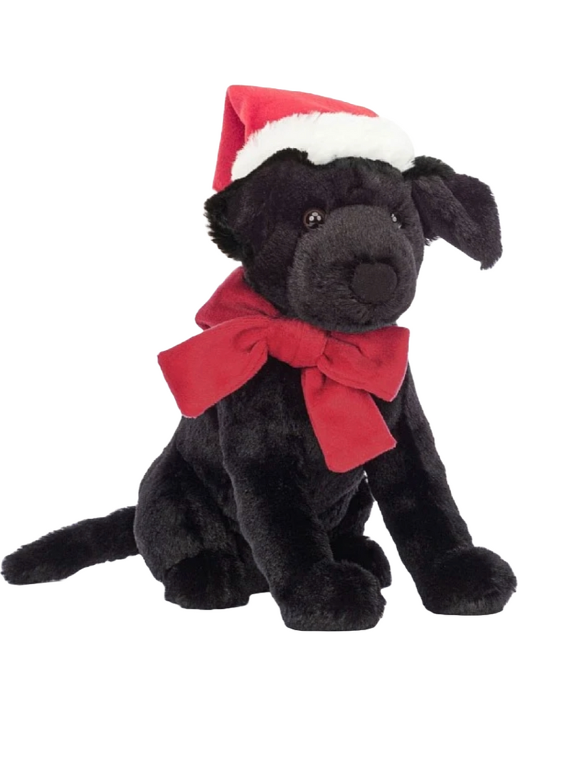 Jellycat Winter Warmer Pippa Black Labrador  Winter Warmer Pippa Black Labrador is so excited for the winter season! This floppy-eared pup has hazel eyes, a fetching red bow and a fleece-trimmed hat. Pippa sits up keenly with her long tail behind her, chunky nose sniffing for Christmas dinner!  Brand: Jellycat Material: Polyester 
