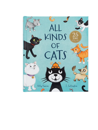 All Kinds of Cats book cover shown on a white background with product text below. The book features a light blue cover decorated with multiple cartoon cats in different colors and the title 'All Kinds of Cats.