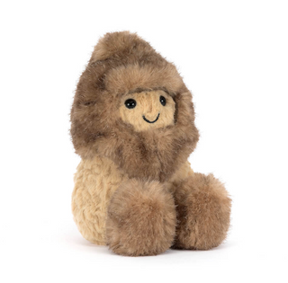 Plush toy peanut in a hooded fur outfit on a white background