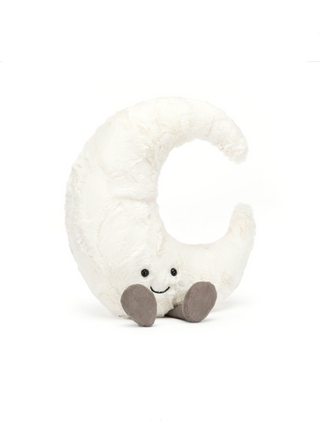 White plush moon toy with a smiling face on a white background, featuring the Jellycat logo.