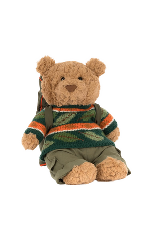Teddy bear wearing a sweater and backpack on a white background