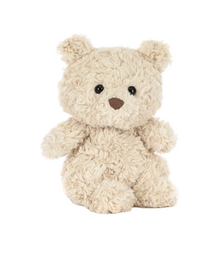 A plush teddy bear product listing photo showing a cream-colored, curly-haired teddy bear sitting on a white background, with text below reading 'Bartholomew Bear Junior' and a price of $33.00.