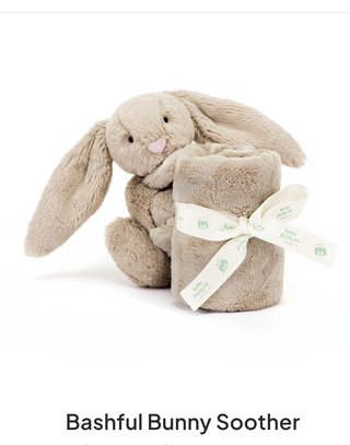 Bashful Bunny Soother with a white ribbon on a white background