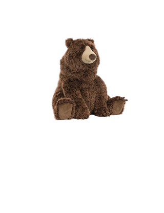 A plush brown bear toy with a cream snout and paw pads, shown on a white product page under the brand name Jellycat. The page includes the product name 'Bizzlestomp Bear', a price of $125.