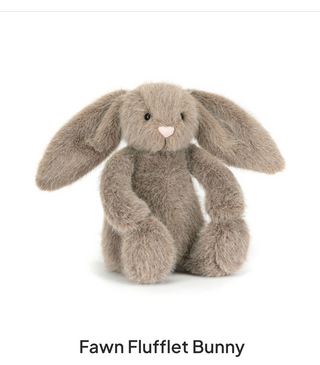 Plush bunny toy labeled 'Fawn Flufflet Bunny' on a white background