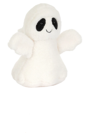 A plush ghost toy labeled 'Ghost Bob' on a white background, with product text and price shown below. The ghost is white with black eyes and a small stitched smile, photographed as a clean product listing screenshot.