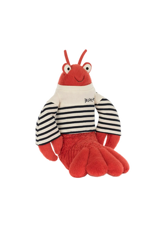 Lobster plush toy wearing a sailor outfit 