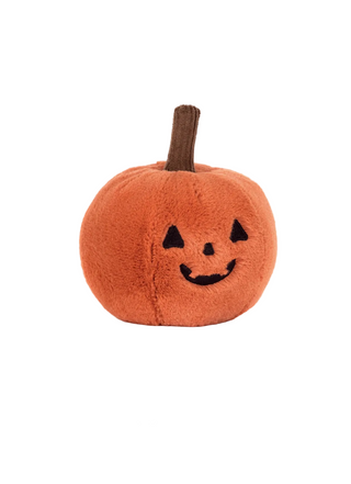 A plush orange pumpkin toy with a stitched jack-o'-lantern face and a brown stem, shown on a white product page with the text 'Ooky Jack O Lantern' and a price of $28.00 USD.