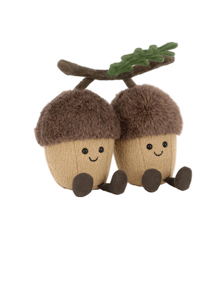 Two plush acorns with faces on a white background, labeled 'Amuseables Ort & Tum Acorns'.