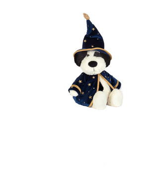 A plush puppy toy dressed as a wizard, wearing a navy blue robe and pointed hat with gold stars and trim, shown on a white background with product text and an Apple Store dock visible at the bottom.