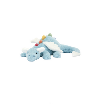 Blue dragon plush toy on a white background with product details.